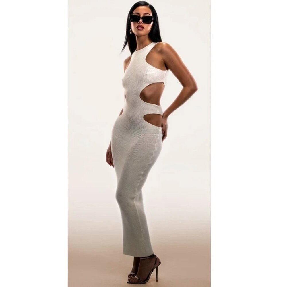 Prettylittlething Cream Knitted Cut Out Racer Neck Maxi Dress - Size‎ Large